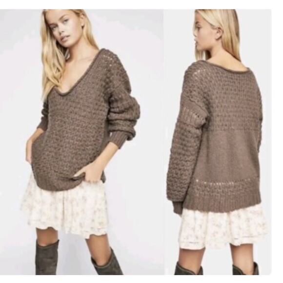 Free People Sweater Crashing Waves Wool Blend Chunky Open Knit Cocoa Size XS - Picture 1 of 13